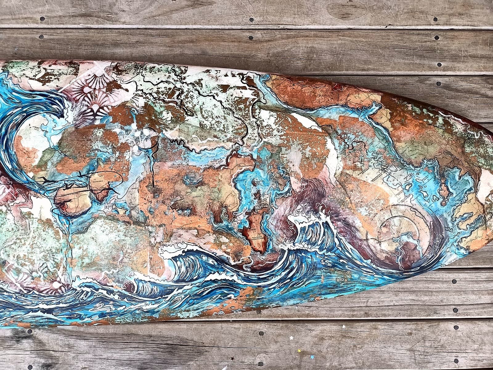 Longboard mixed media map — painting on an old surfboard