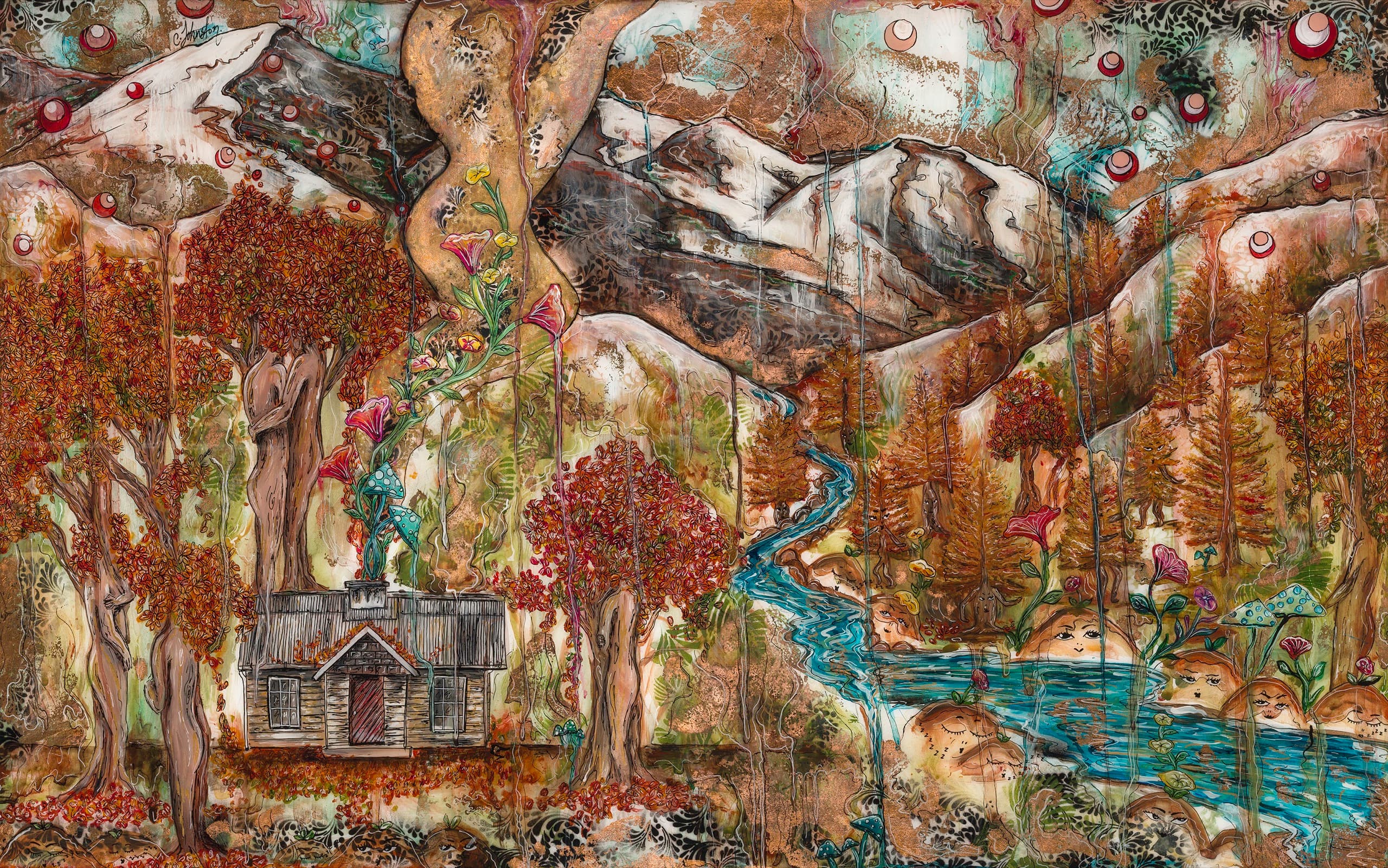Look and see what lies beneath the trees — mixed-media painting on reclaimed wood by Caitlin Johnston