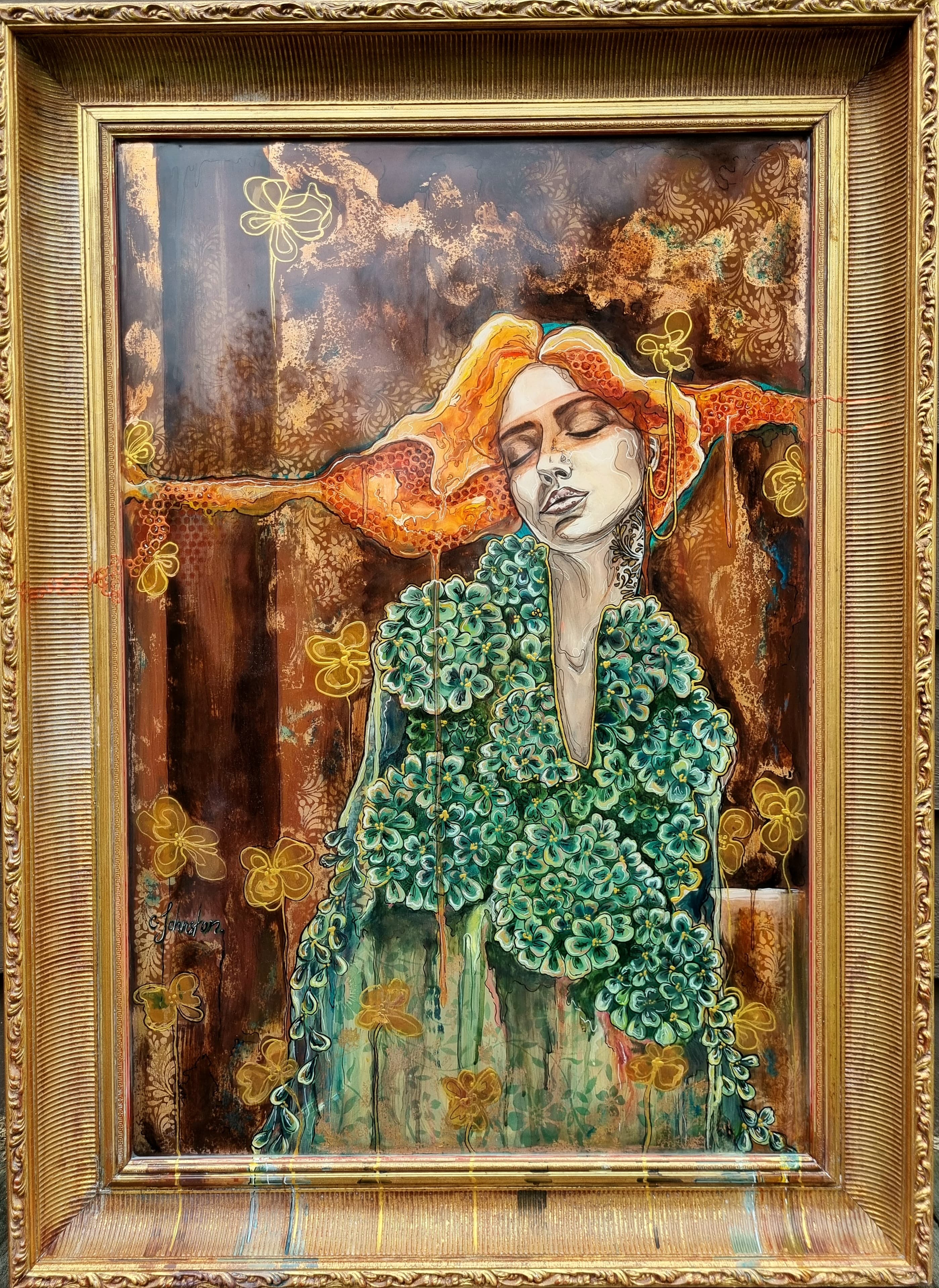 have the flowers always — Acrylic layers on wood, metalic textures, pure copper that has been organically oxidized, sealed with a glassy resin pour in the center to give the effect of glass., 1050x770 mm by Caitlin Johnston