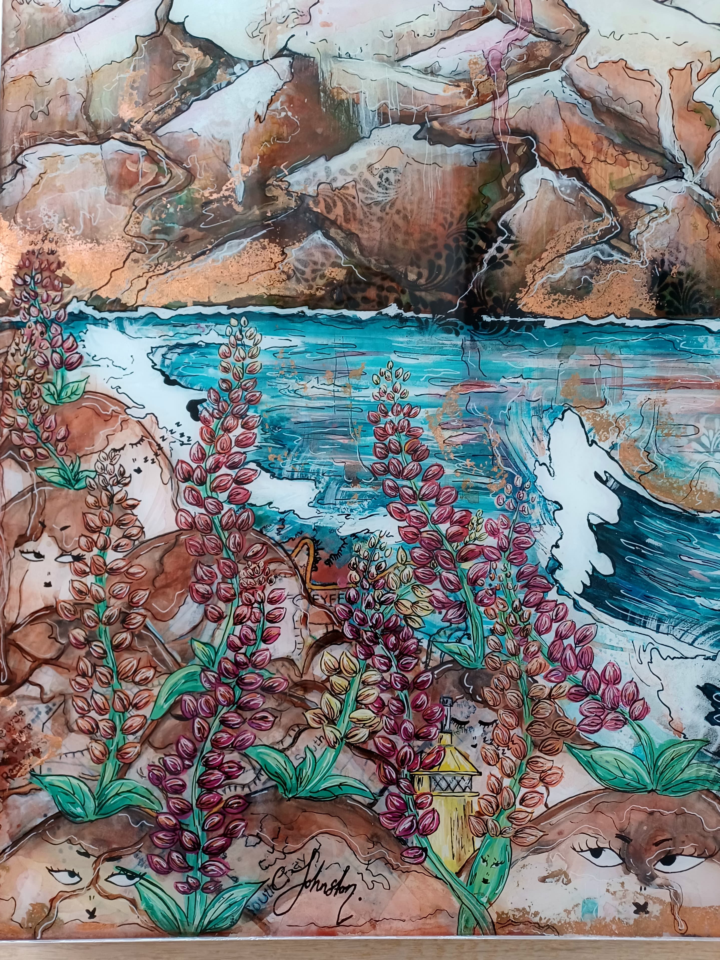 seven wonders of the south — Acrylic on wood, mapping of Kaikoura/South Island, pure copper - oxidized, finished with a glassy resin pour., 1200x750 mm by Caitlin Johnston