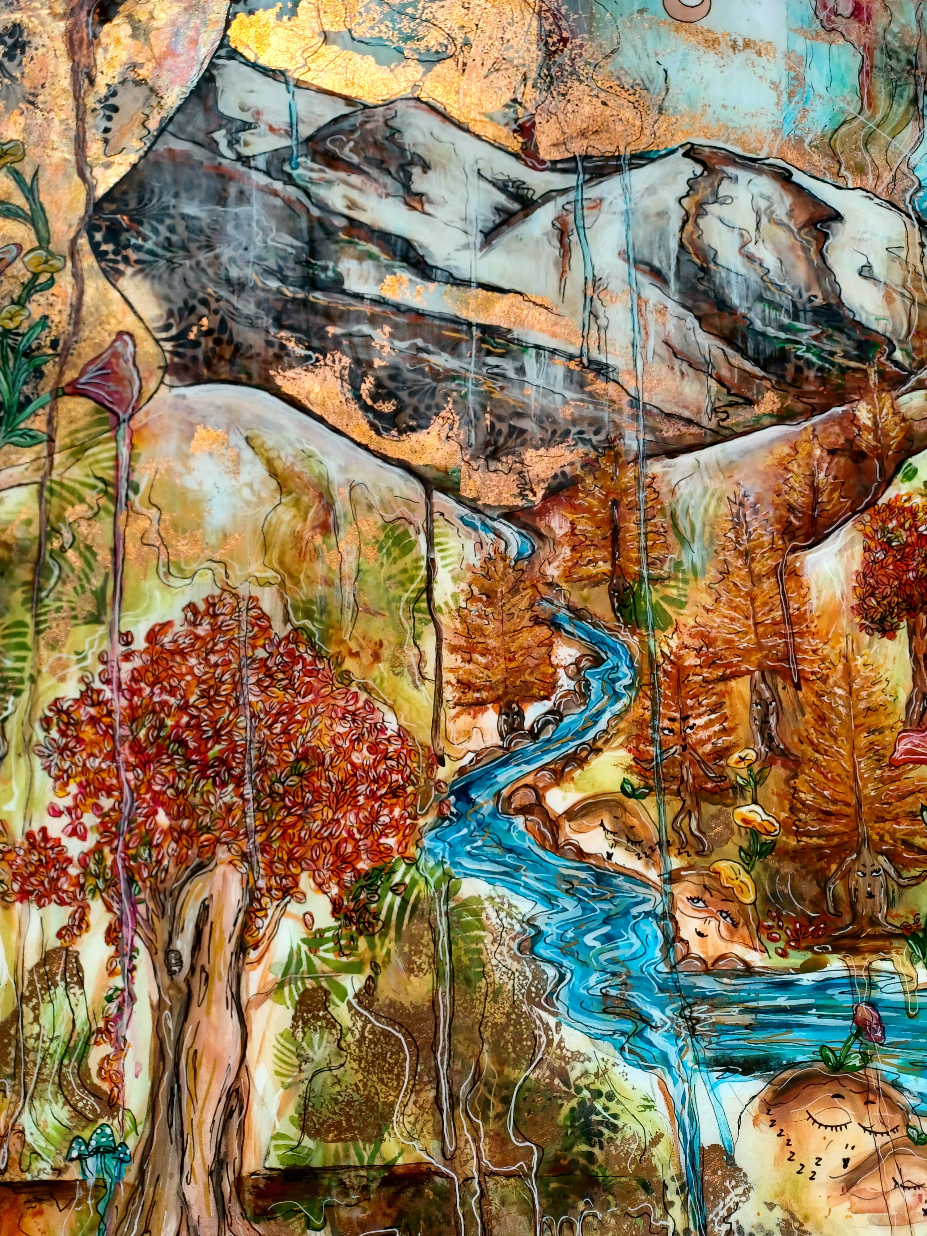 look and see what lies beneath the trees — Acrylic on wood, pure copper oxidized, finished with a glassy resin pour, 1200x750 mm by Caitlin Johnston