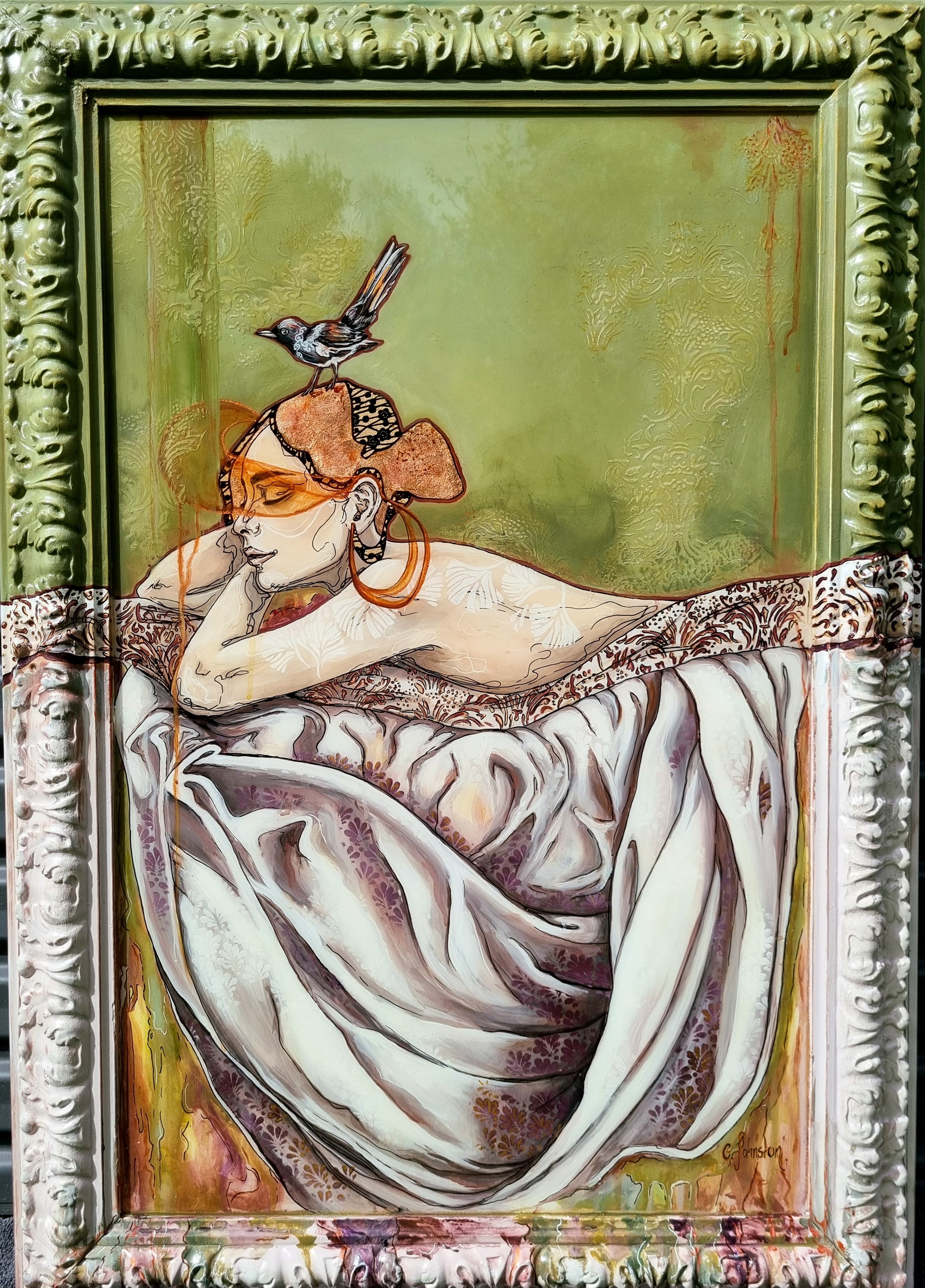 sorry i'm busy — Refurbished antique frame, layers of acrylic, Japanese rice paper, pure copper, the center is sealed with a glassy resin pour to look like glass., 1100x700 mm by Caitlin Johnston