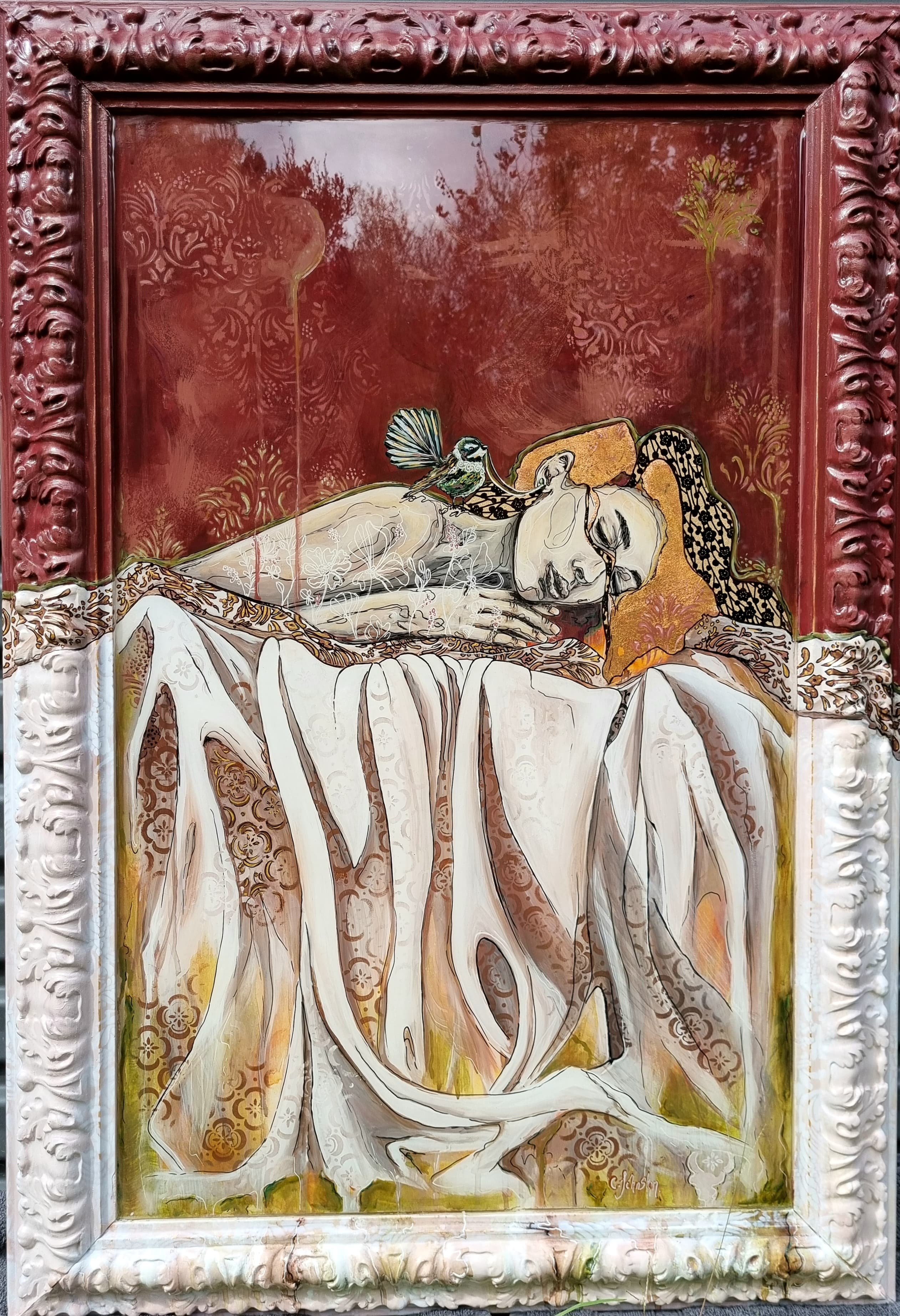 only she knows — Refurbished vintage frame, Japanese paper, pure copper, acrylic. The center has been poured with a glassy resin pour to look like glass., 1100x700 mm by Caitlin Johnston