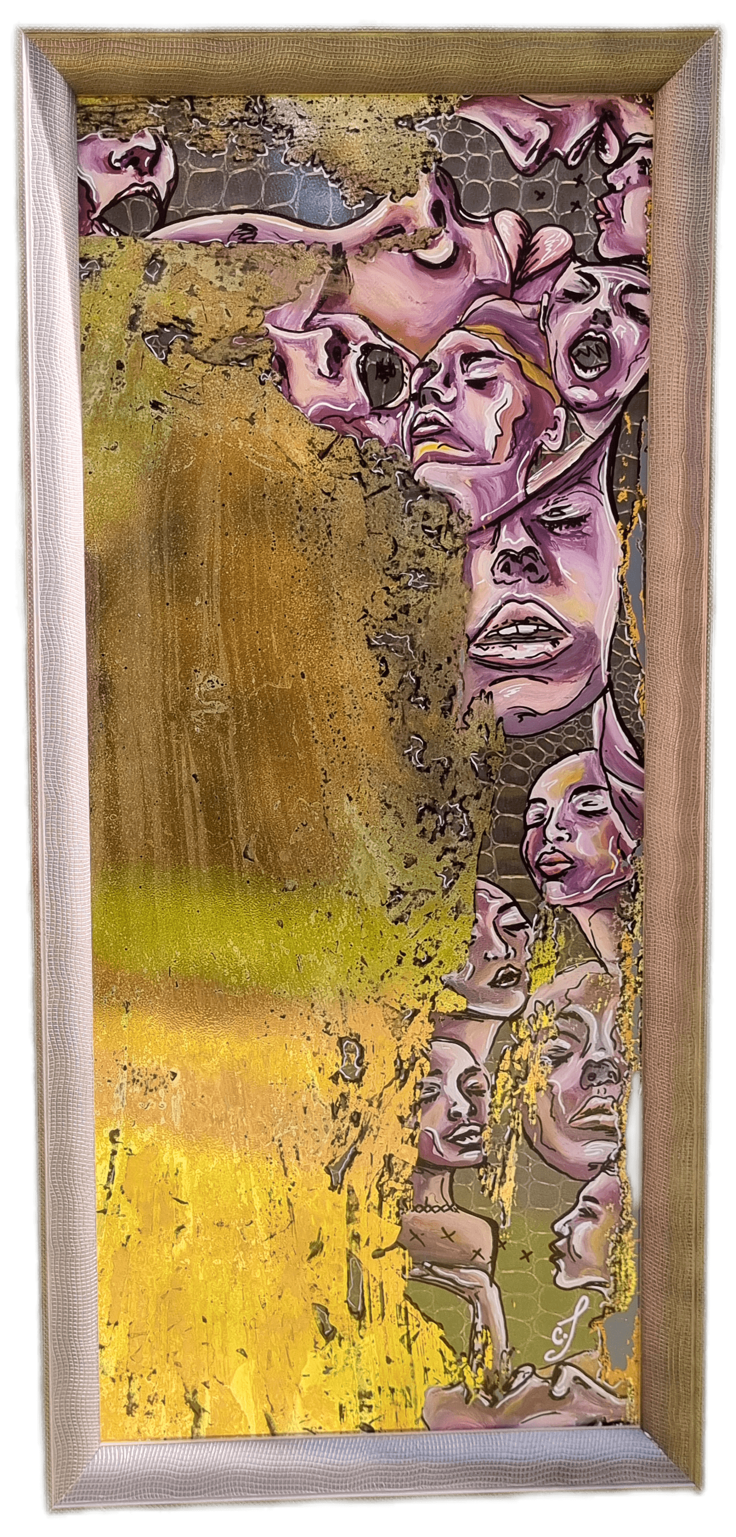 thoughts that breathe — Oxidized mirror, acrylic painting in reverse, snake skin background with a lizard frame, 500x230 mm by Caitlin Johnston