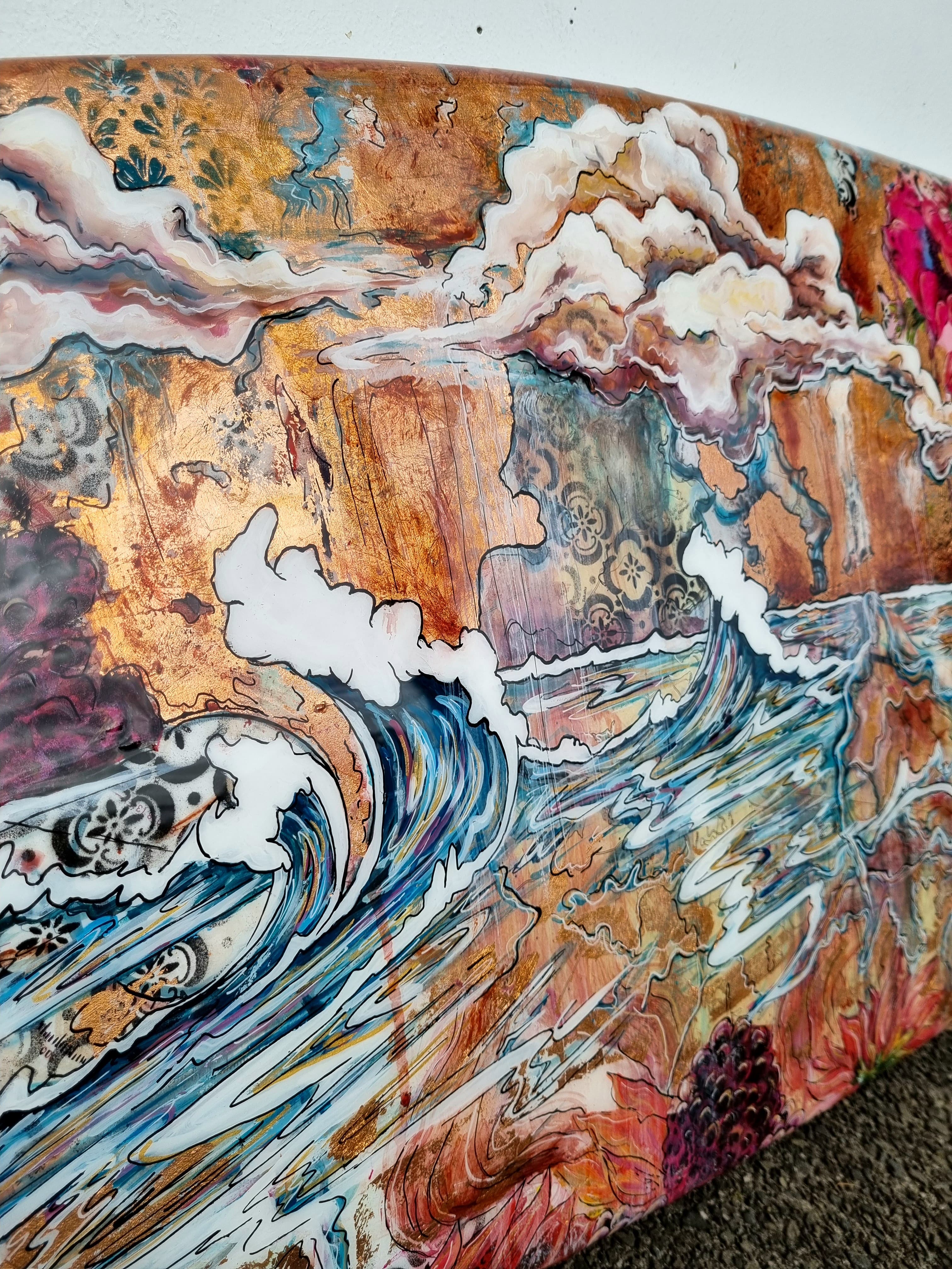 there is beauty on a cloudy day — Layers of acrylic on surfboard, mapping of New Zealands coastline, pure copper oxidized, finished with a diamond resin pour!, 1800x550 mm by Caitlin Johnston