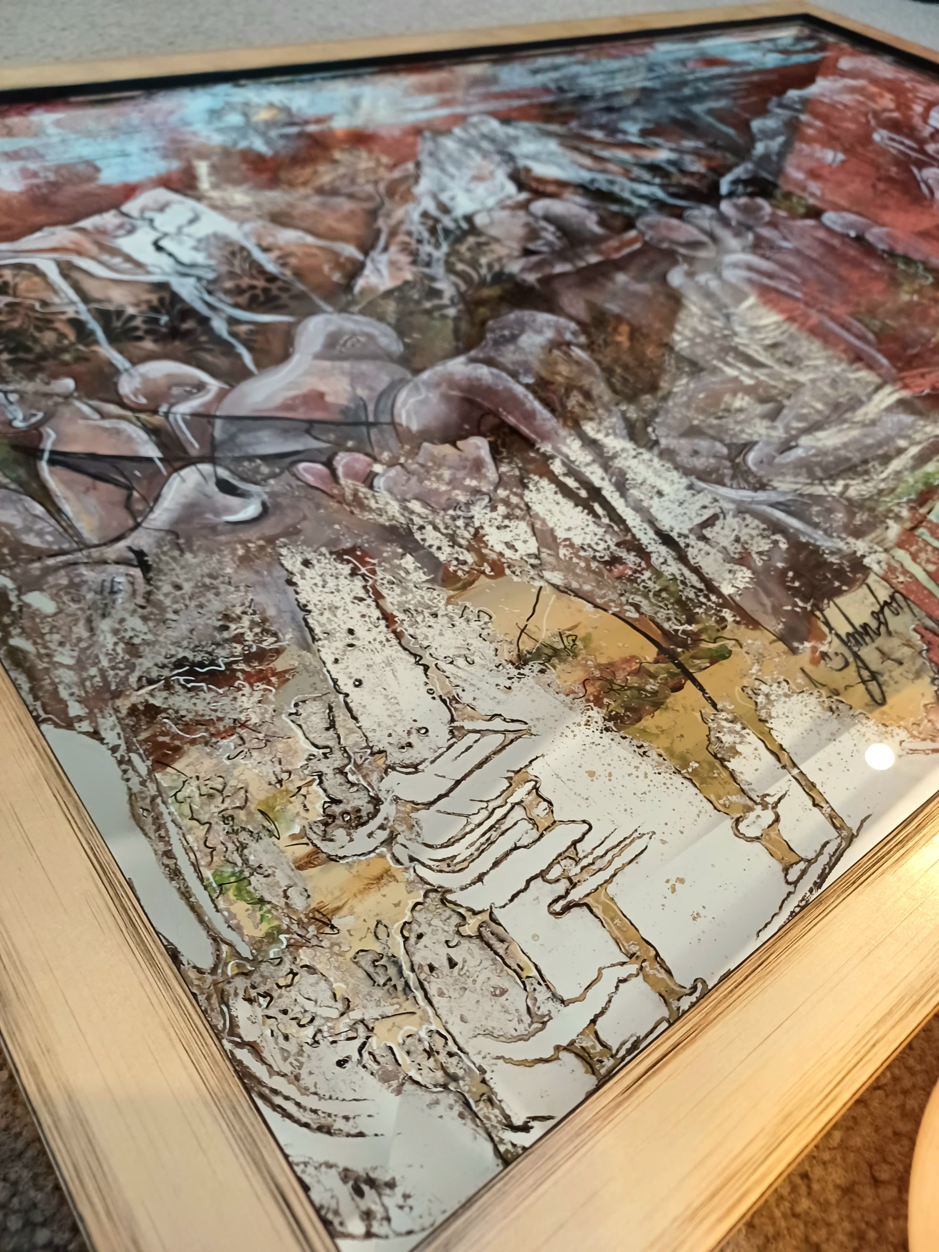therapy — Oxidized mirror, acrylic painted on the back, in reverse. Framed with a beautiful earthy golden frame. by Caitlin Johnston