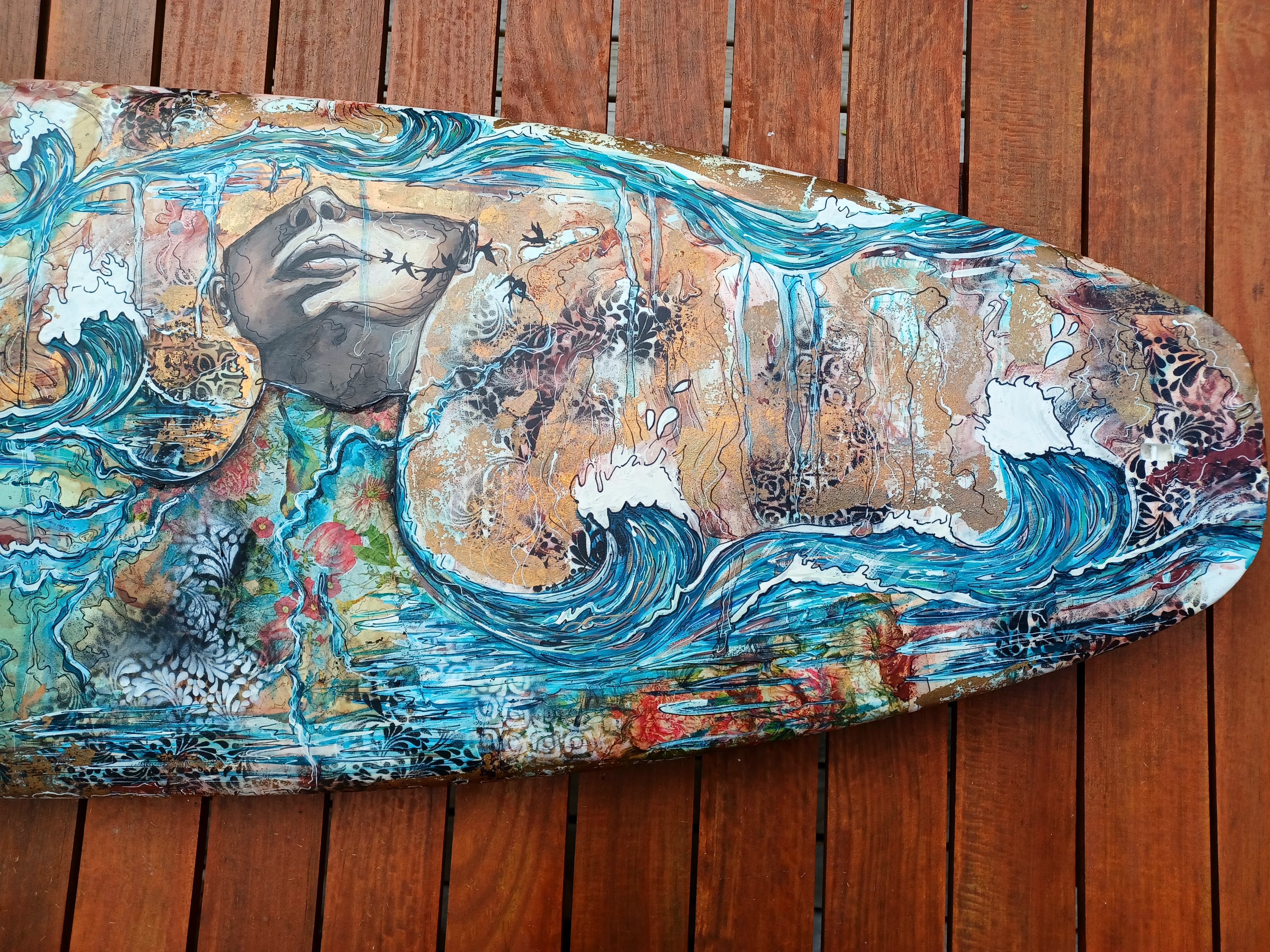 'You, me and the sea' #1 — Acrylic and mixed media, surfboard, pure copper - oxidized and sealed., 550x1800 mm by Caitlin Johnston