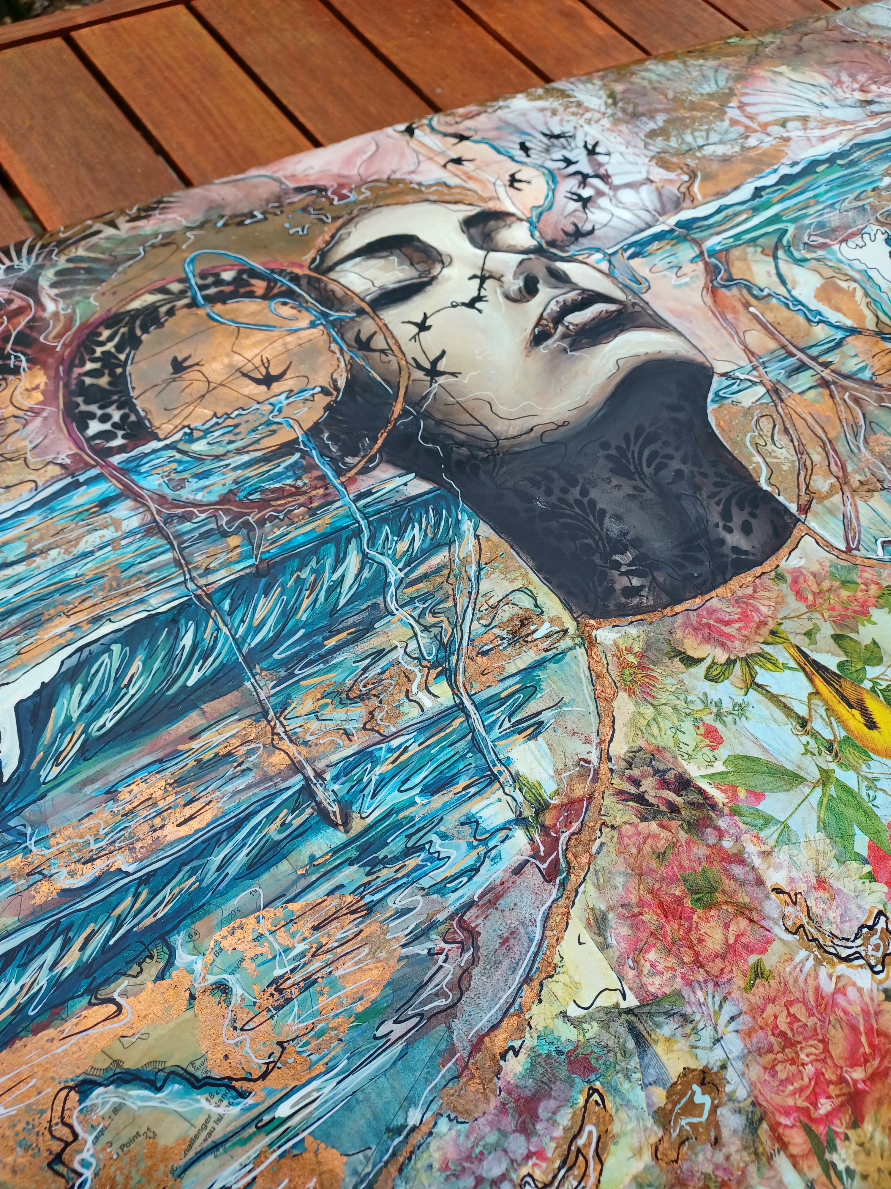You, me and the sea' #2 — Acrylic and tea stained mixed media on a surboard, pure copper oxidized and sealed., 550x1800 mm by Caitlin Johnston