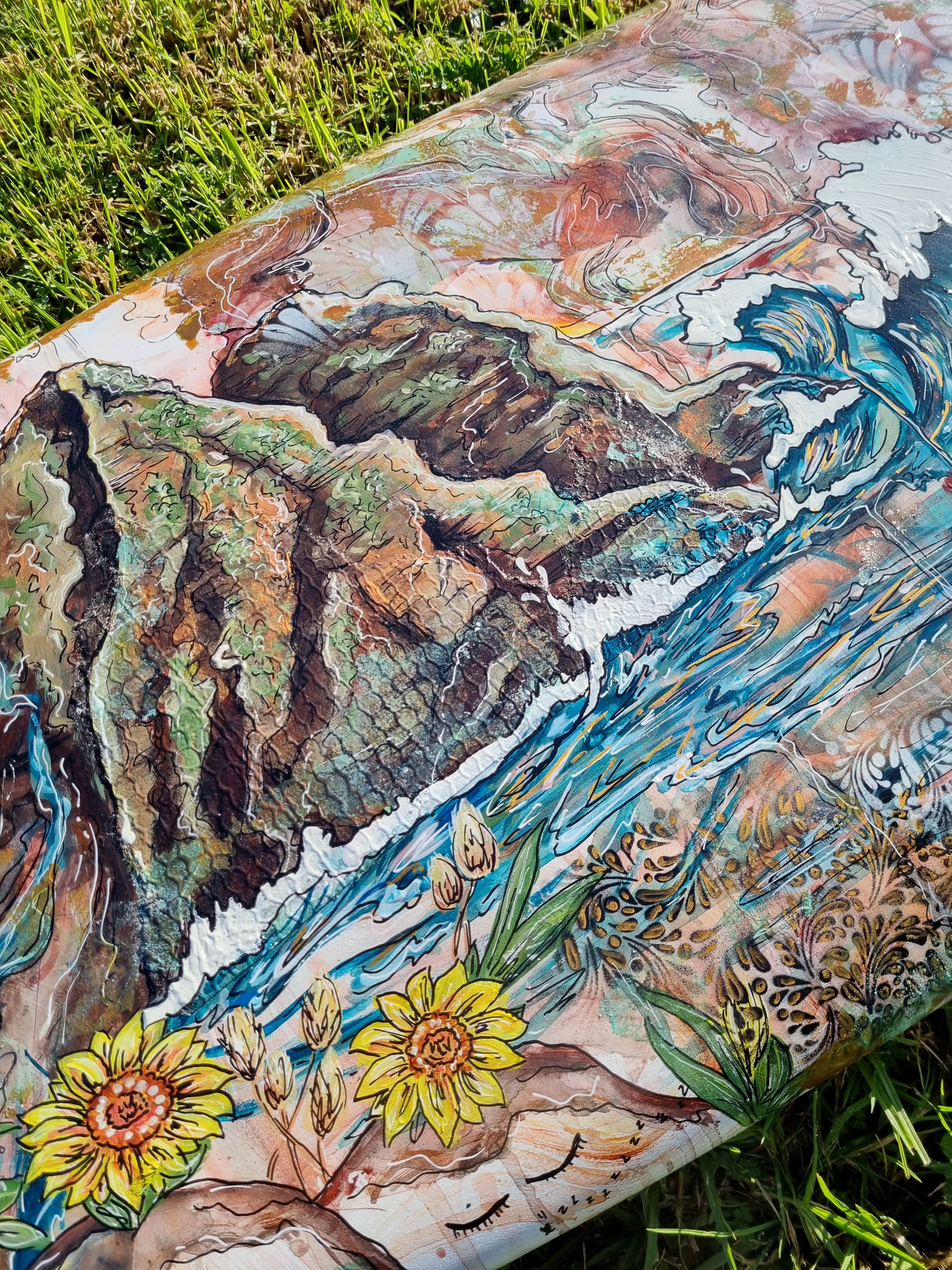 'A day at the beach' — Acrylic and mixed media on a surfboard, pure copper oxidized and sealed., 550x1700 mm by Caitlin Johnston