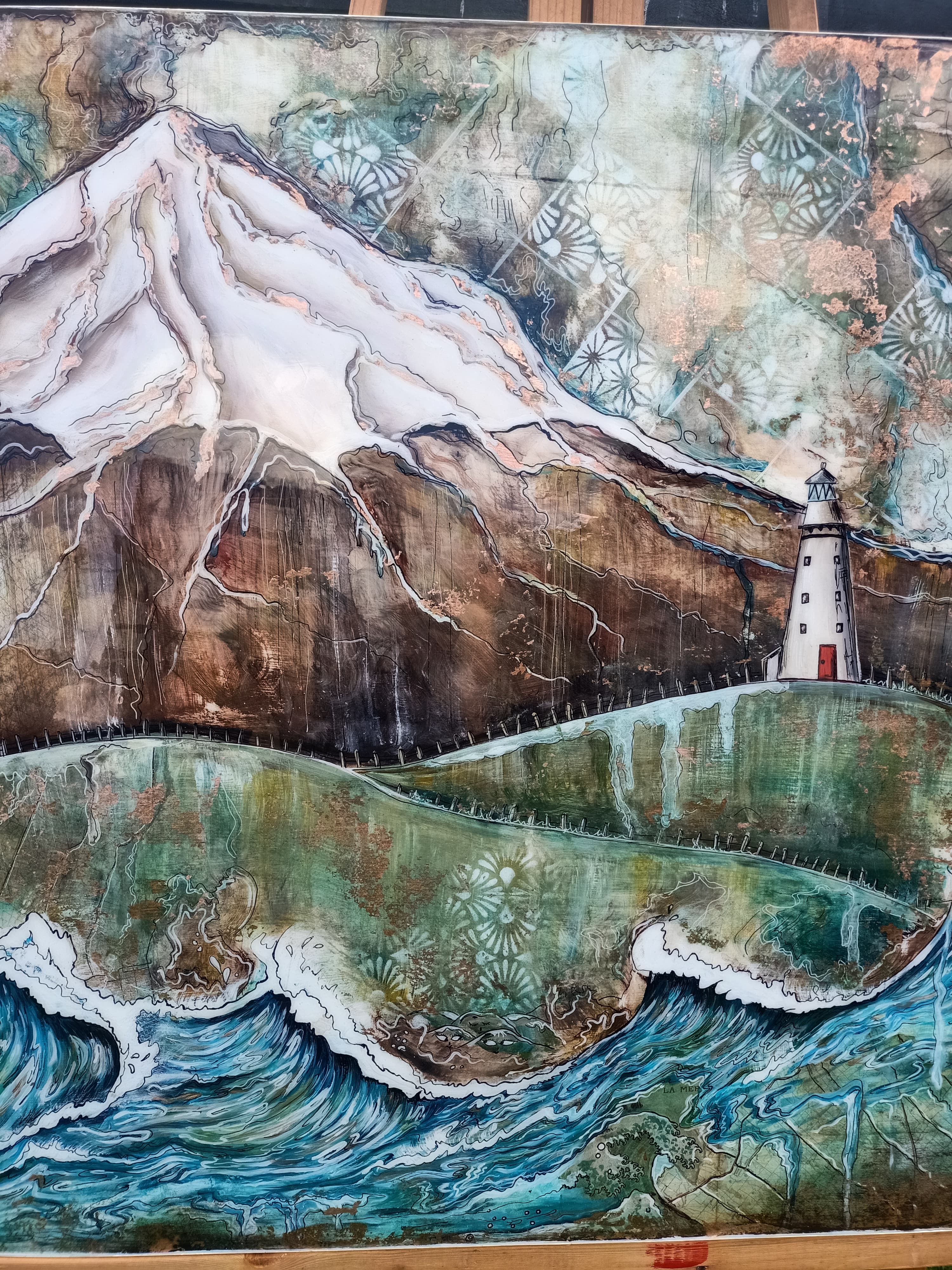 Commission - Mt Egmont — Tea stained mapping of Mt Egmont/Taranaki and surrounding areas, layers of acrylic, pure copper oxidized and sealed with a glassy resin pour., 900x1500 mm by Caitlin Johnston