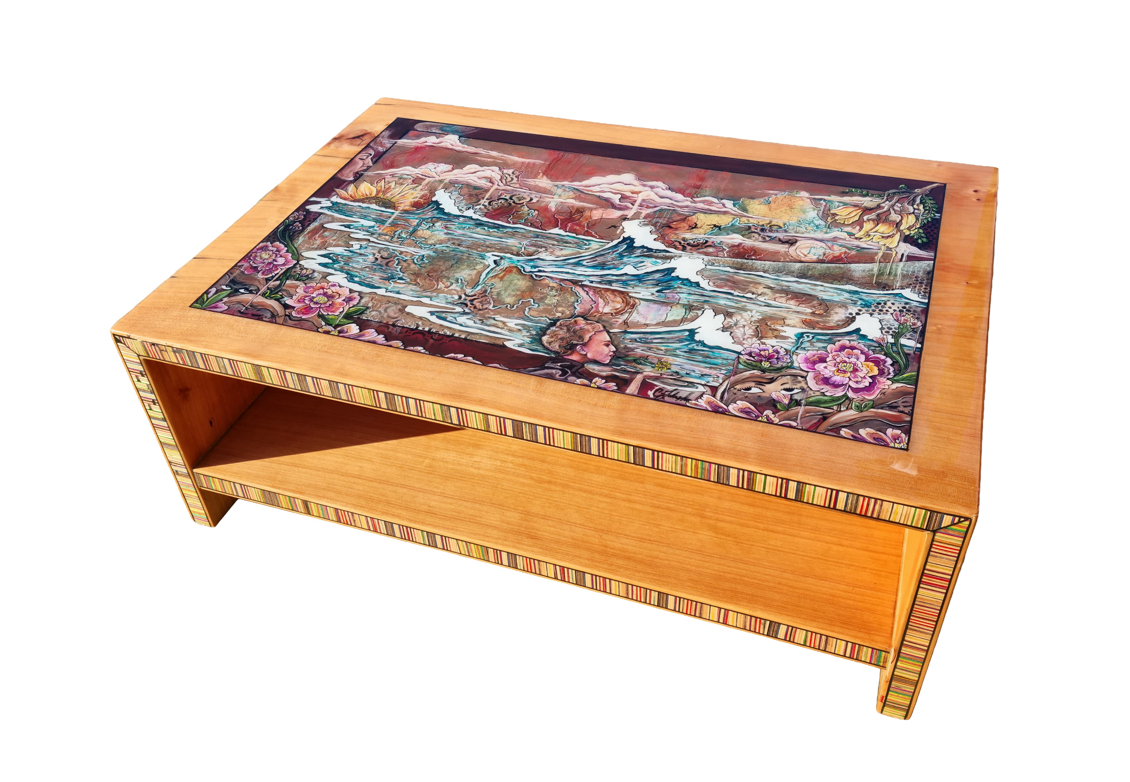 'Sit back, and enjoy the view' — Macrocarpa wood, fragments of used skateboard decks, custom artwork created on wood, mapping of Aotearoas coastline, acrylic, pure copper oxidized, sealed with a glassy resin pour., 660x950 mm by Caitlin Johnston
