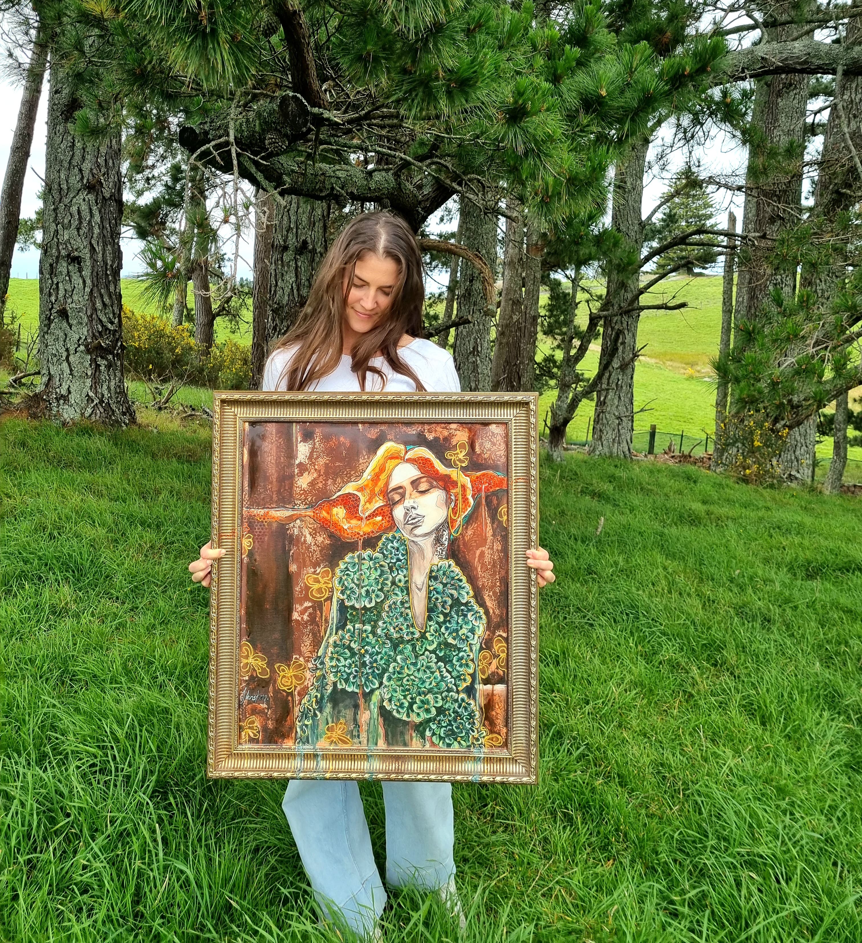 Pre-order option for frame and print of 'Have the flowers, always' — Print on metallic canvas material, antique frame, resin by Caitlin Johnston