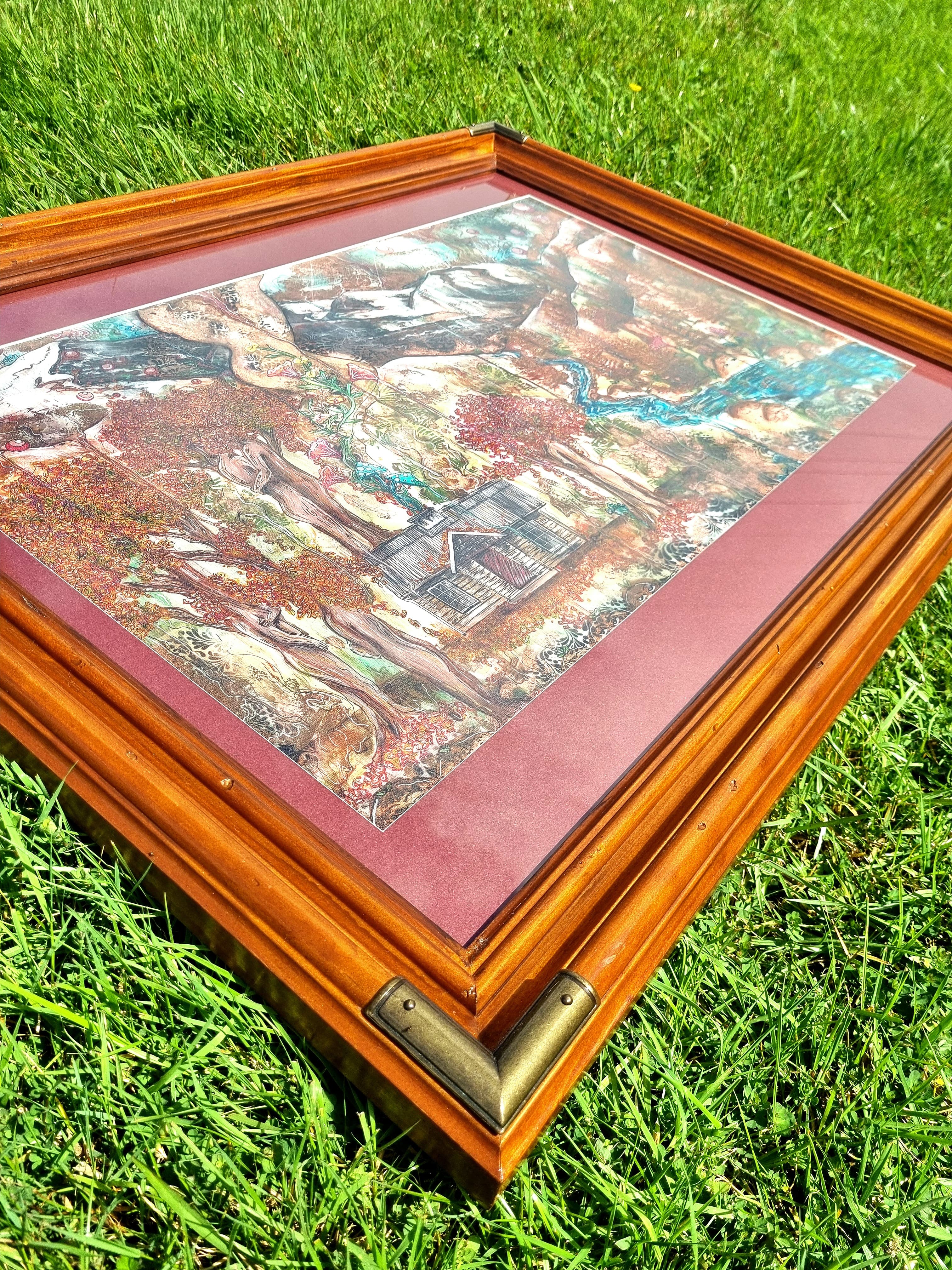 Limited Edition Print - 'Look and see, what lie's beneath the tree's' — Metalic fabric, framed in timber with glass, 710 x 930 mm by Caitlin Johnston